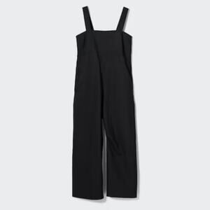 Uniqlo Linen Blend Wide Leg Jumpsuit Black Adjustable Straps Smocked Back Size M